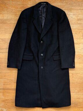 Vintage Mens Wool & Cashmere Coat Size Medium (42L) 90s Black Long Overcoat